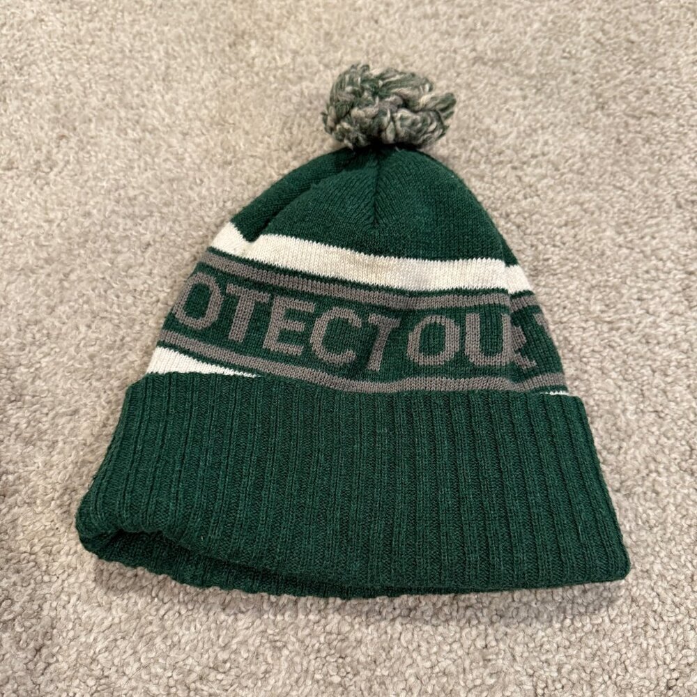 Patagonia Protect Our Winters POW PRO Beanie Knit Pom Green Gray Mens Hat - Picture 3 of 3